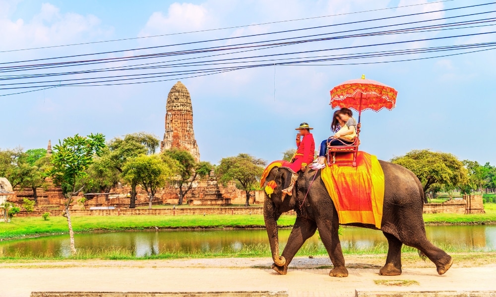 คนสองคนขี่ช้างประดับด้วยร่มสีส้มในอุทยานประวัติศาสตร์ โดยมีวัดโบราณและต้นไม้เป็นฉากหลัง ควบคู่ไปกับผืนน้ำ ซึ่งเป็นฉากที่สมบูรณ์แบบ ท่องเที่ยวอยุธยา สำหรับผู้ที่สนใจในอยุธยาอยุธยา