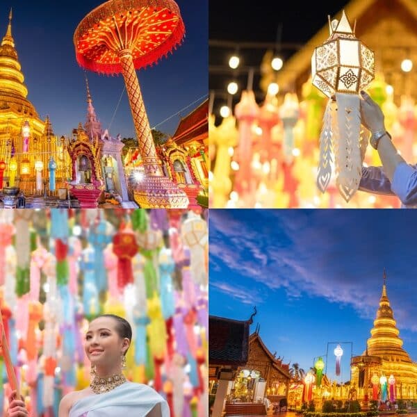 ภาพตัดต่อของวัดที่ส่องสว่าง ผู้หญิงถือโคมไฟ โคมไฟสีสันสดใส และวัดในเวลาพลบค่ำ