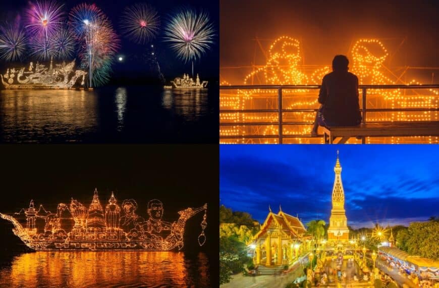 ภาพตัดปะของการจัดแสดงเรือเรืองแสงและดอกไม้ไฟในบรรยากาศเทศกาลยามค่ำคืน และโครงสร้างวัดที่มีแสงไฟพร้อมด้วยผู้คนที่มารวมตัวกันรอบ ๆ