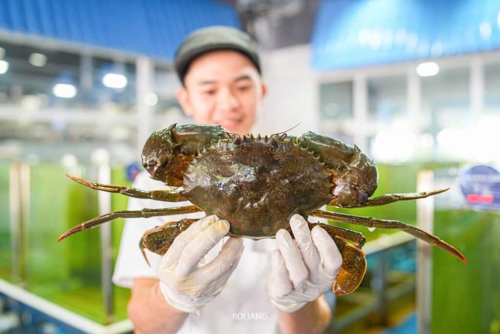 คนจับปูตัวใหญ่ ภาคใต้สถานที่ท่องเที่ยว ด้วยมือทั้งสองข้างในตลาดอาหารทะเล การค้นพบที่ไม่คาดคิดและน่ารื่นรมย์ระหว่างการผจญภัยเที่ยวหน้าฝนใกล้กรุงเทพ