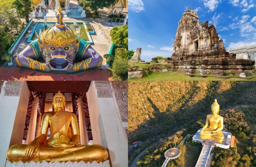 ภาพต่อกันประกอบด้วยวัดพระศรีรัตนมหาธาตุ ซากปรักหักพังของวัดตัดกับท้องฟ้าสีคราม พระพุทธรูปทองคำภายในวัด และรูปปั้นขนาดใหญ่อีกองค์หนึ่งบนยอดเขาอันเขียวชอุ่ม แสดงถึงเสน่ห์ของวัดสวยลพบุรี