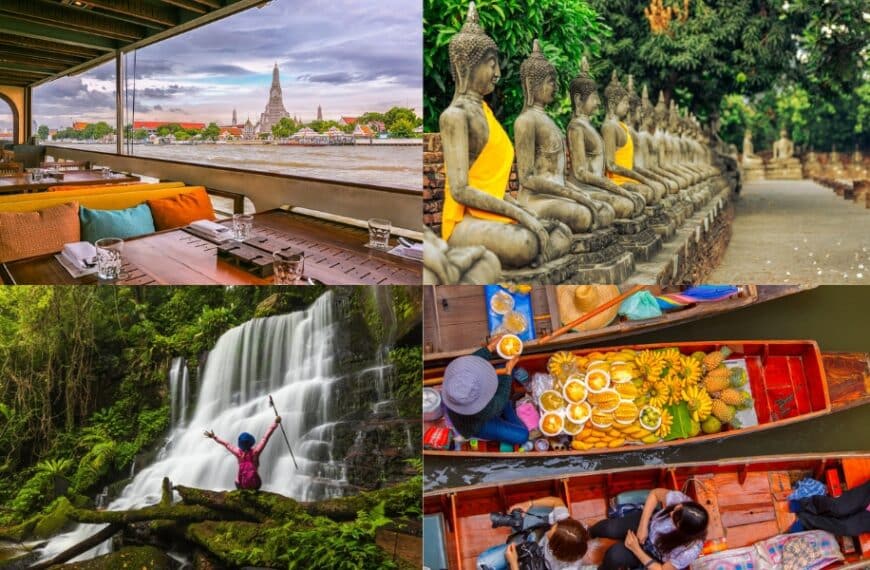 ภาพต่อกันสี่ภาพ: วิวร้านอาหารริมแม่น้ำ พระพุทธรูปนั่งเป็นแถว คนริมน้ำตกในป่า และแผงขายของที่ตลาดน้ำพร้อมผลไม้หลากสีสัน เป็นภาพรวมที่สมบูรณ์แบบของการผจญภัยหน้าฝนใกล้กรุงเทพ