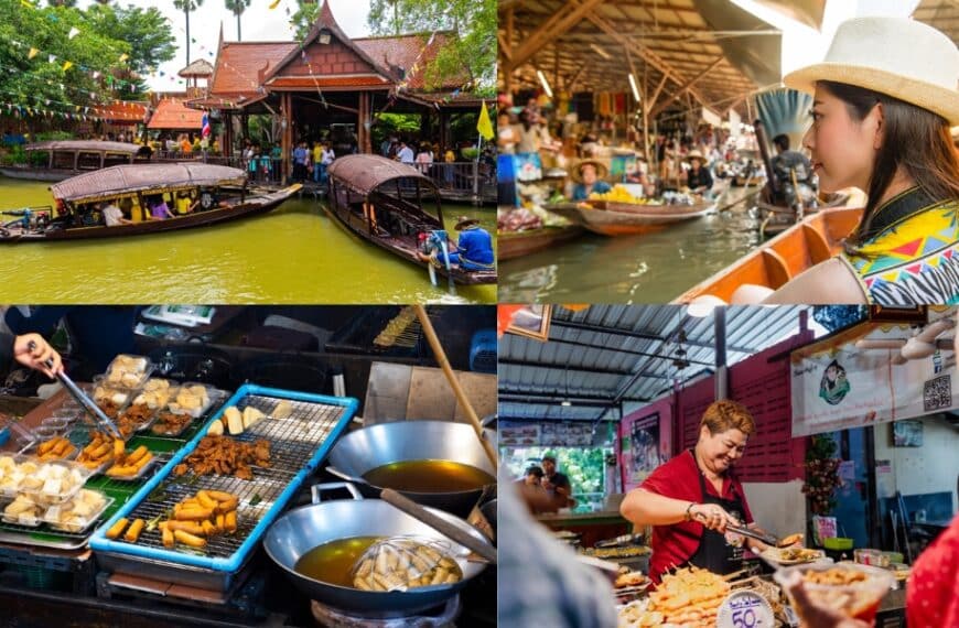 ภาพปะติดของตลาดน้ำ: เรือในแม่น้ำ ผู้หญิงสวมหมวก อาหารข้างทางกำลังปรุง และพ่อค้าแม่ค้าย่างอาหาร เก็บภาพบรรยากาศที่มีชีวิตชีวาของตลาดน้ำกรุงเทพ