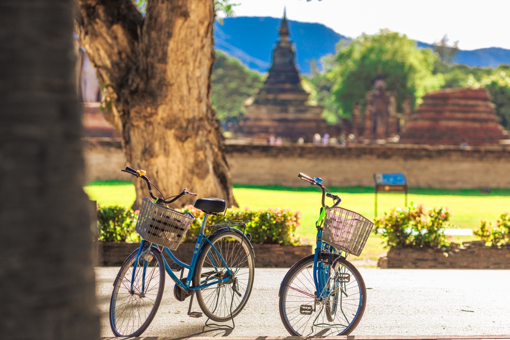 จักรยานสองคัน มรดกโลกในไทย พร้อมตะกร้าจอดอยู่บนทางเดินที่มีแสงแดดส่องถึงใกล้ต้นไม้ใหญ่ มองเห็นโครงสร้างหินโบราณและต้นไม้เขียวขจี ฉากอันเงียบสงบนี้ถ่ายทอดแก่นแท้ของยูเนสโกไทย ซึ่งประวัติศาสตร์และธรรมชาติผสานกันอย่างกลมกลืน