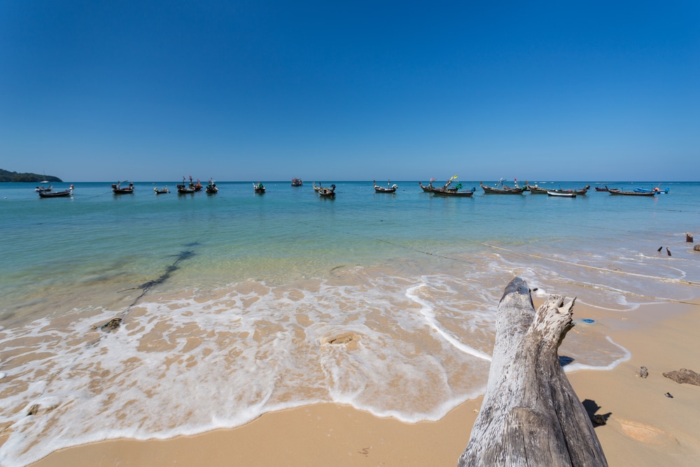 ชายหาดทรายใน เที่ยวทะเลภูเก็ต เต็มไปด้วยทัศนียภาพที่งดงาม มีท่อนไม้อยู่เบื้องหน้า ท้องทะเลสีฟ้าใสทอดยาวสุดขอบฟ้า และเรือเล็กหลายลำที่จอดทอดสมออยู่ไกลๆ ใต้ท้องฟ้าสีฟ้าสดใส