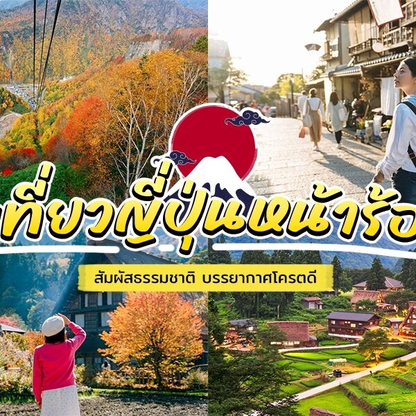 ภาพต่อกันของกระเช้าลอยฟ้า ผู้คนบนท้องถนน และบ้านแบบดั้งเดิมที่มีข้อความภาษาไทยซ้อนทับและสัญลักษณ์ภูเขาสีแดงเก๋ๆ สื่อถึงแก่นแท้ของการท่องเที่ยวฮอกไกโดในช่วงฤดูร้อนท่ามกลางภูมิประเทศอันเงียบสงบ.