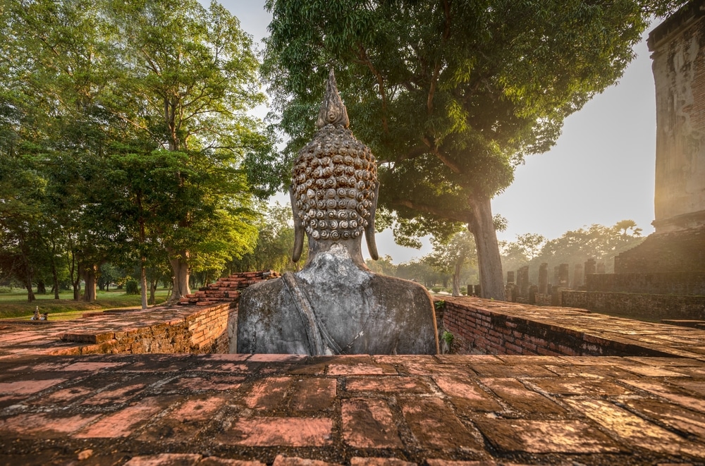 มุมมองด้านหลังของพระพุทธรูปล้อมรอบด้วยต้นไม้และโครงสร้างอิฐโบราณในบรรยากาศกลางแจ้งอัน วัดที่สวยที่สุดในประเทศไทย เงียบสงบ ชวนให้นึกถึงบรรยากาศอันเงียบสงบที่พบได้ที่ วัดพระนอน.