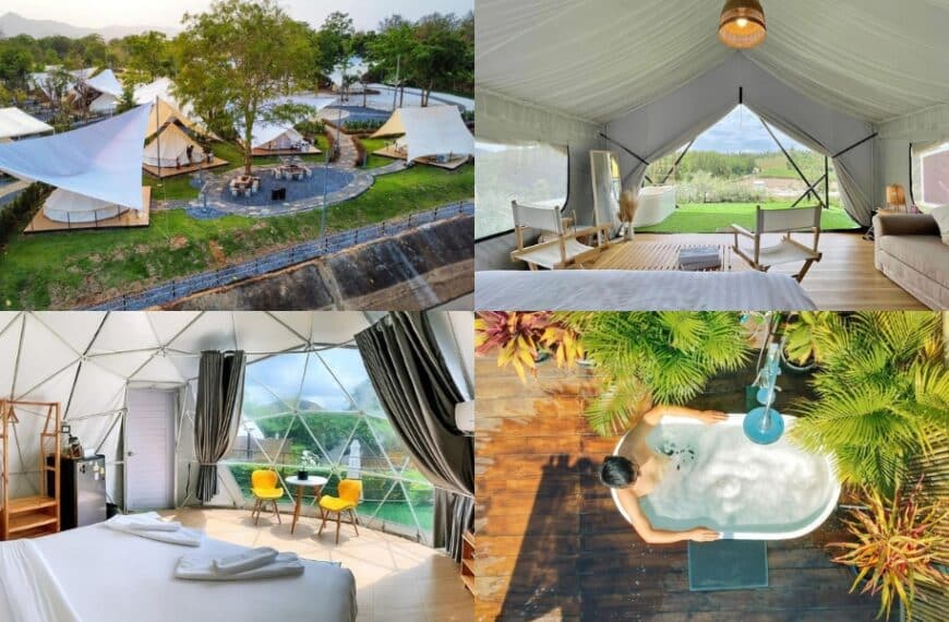 ภาพต่อกันของฉาก glamping ที่เขาใหญ่แคมป์ปิ้ง ได้แก่ เต็นท์ในป่า ภายในมีโซฟาและเตียง ห้องที่มีเก้าอี้สีเหลือง และคนในอ่างอาบน้ำกลางแจ้งที่รายล้อมไปด้วยต้นไม้.