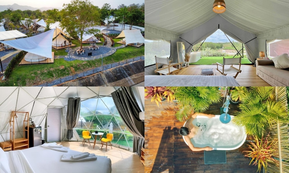 ภาพต่อกันของฉาก glamping ที่เขาใหญ่แคมป์ปิ้ง ได้แก่ เต็นท์ในป่า ภายในมีโซฟาและเตียง ห้องที่มีเก้าอี้สีเหลือง และคนในอ่างอาบน้ำกลางแจ้งที่รายล้อมไปด้วยต้นไม้.