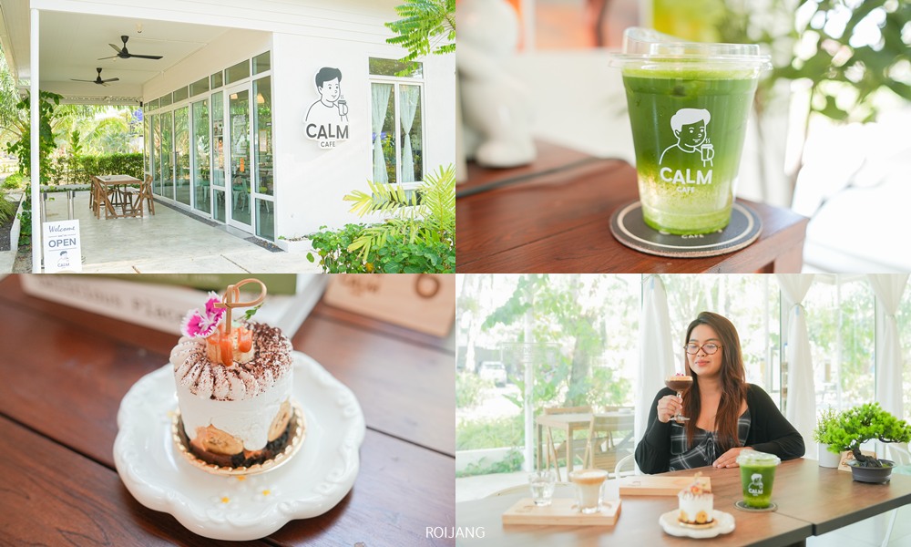 ภาพ 4 ส่วนประกอบ: ภายนอกร้าน Calm Café เครื่องดื่ม นับดาวเย็นตาโฟ ที่สดชื่นพร้อมโลโก้ ของหวานบนจาน และคนนั่งอยู่ที่โต๊ะพร้อมถือเครื่องดื่ม.