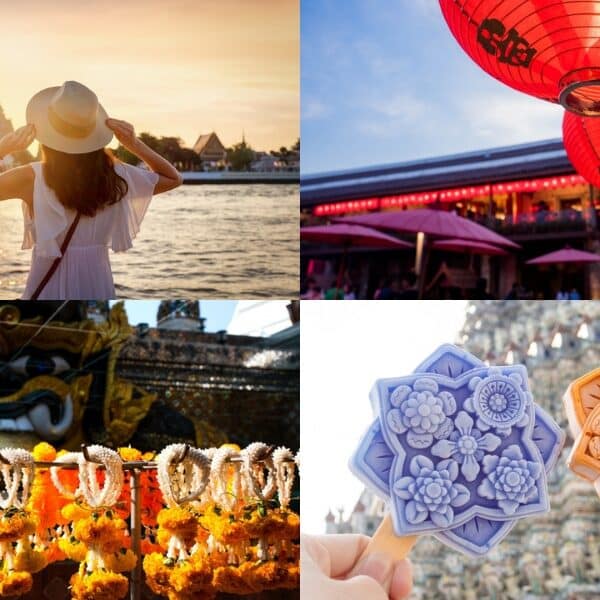 ภาพตัดปะรูปผู้หญิงขณะพระอาทิตย์ตกริมน้ำ โคมไฟสีแดง พวงมาลัยดอกไม้หน้ารูปปั้น และไอศกรีมรูปดอกไม้สองอันในสถานที่ที่มีประวัติศาสตร์.