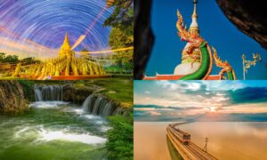 ภาพต่อกันสี่ภาพ: วัดที่มีเส้นแสงดาว รูปปั้นมังกรบนเจดีย์ น้ำตกในป่า และรถไฟข้ามสะพานพระอาทิตย์ตก - เก็บภาพเสน่ห์ของที่เที่ยวชะอมแก่งคอยสำหรับการผจญภัยครั้งต่อไปของคุณ.