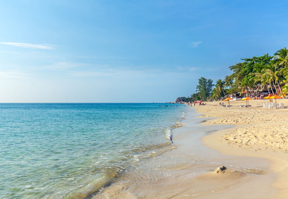 หาดทรายที่มีน้ำทะเลสีฟ้าใส คลื่นอ่อนโยน และผู้คนกระจัดกระจาย ต้นปาล์มและสิ่งปลูกสร้างเล็กๆ เรียงรายริมชายฝั่งใต้ท้องฟ้าสดใส เหมาะ ที่เที่ยวเกาะสมุย สำหรับผู้ที่กำลังมองหาที่เที่ยวเกาะสมุยหรือวางแผนไปเที่ยวเกาะสมุย.