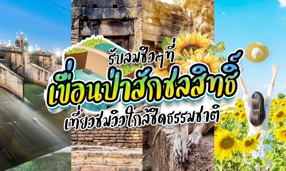 ภาพคอลลาจที่มีเขื่อน กำแพงหิน ดอกทานตะวัน และคนในทุ่ง ซ้อนทับด้วยข้อความภาษาไทย ที่เที่ยวแก่งคอย โปรโมตการเดินทางไปเขื่อนป่าสักชลสิทธิ์ และเน้นที่เที่ยวแก่งคอยสำหรับผู้มาเยือน.