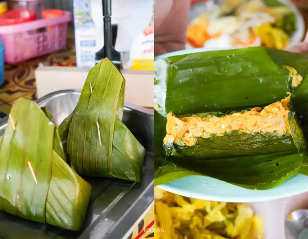 ภาพซ้ายคือขนมจีนอี๋น้องห่อใบตอง 2 ชิ้น และด้านขวาคือขนมจีนอี๋น้องที่เปิดออกเผยให้เห็นไส้ผสมรสเผ็ดข้างใน ขนมจีนอี๋น้องเป็นขนมจีนดั้งเดิมที่รู้จักกันในชื่อ ขนมจีนอี๋น้อง.