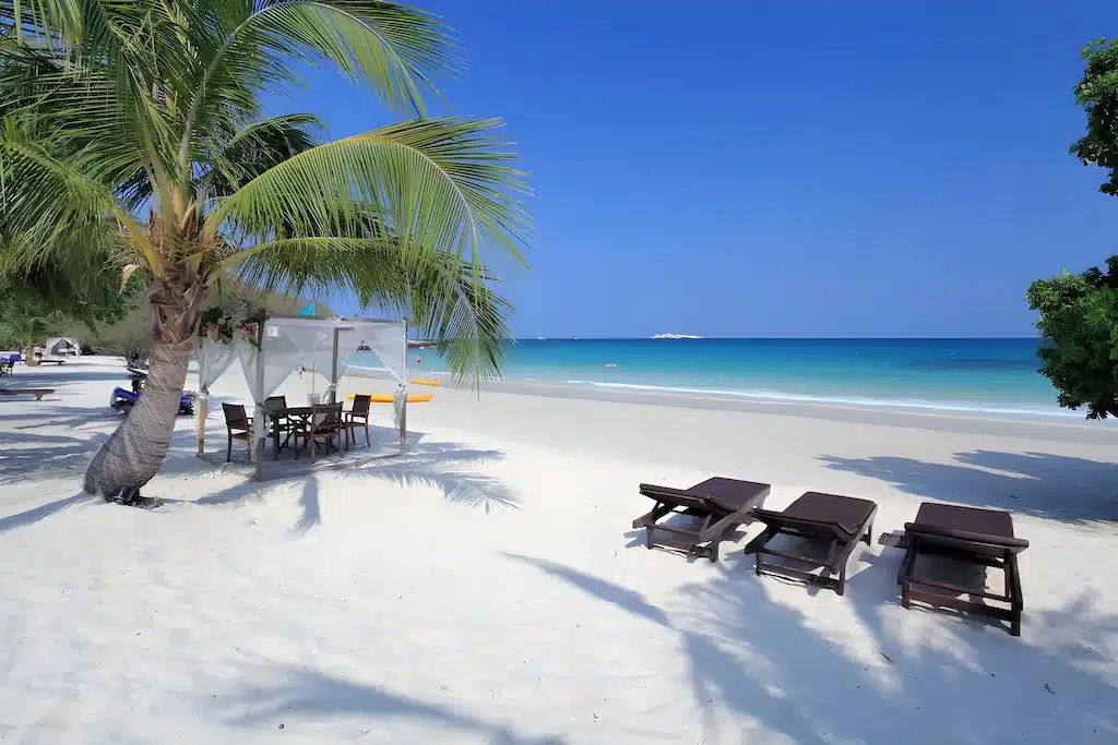ชายหาดเขตร้อนที่มีหาดทรายสีขาว ต้นปาล์ม เก้าอี้นั่งเล่น และร่มเงาที่ เที่ยวเกาะเสม็ด มองเห็นมหาสมุทรสีฟ้าใสภายใต้ท้องฟ้าสดใส เหมาะสำหรับผู้ที่กำลังมองหาที่เที่ยวเกาะเสม็ด.