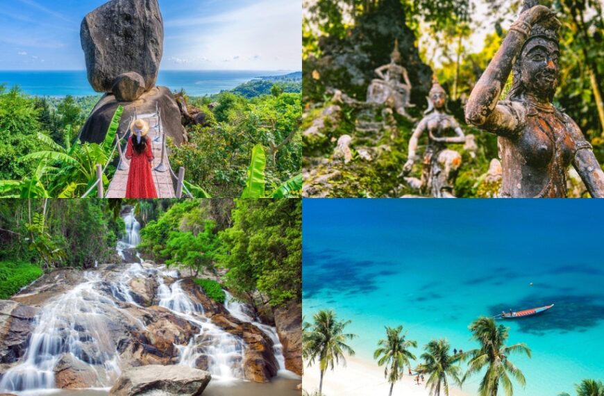 ภาพตัดปะ 4 ภาพที่แสดงหินทรงตัว รูปปั้นโบราณ น้ำตกในป่า และชายหาดเขตร้อนที่มีน้ำทะเลสีฟ้าใสและต้นปาล์ม เป็นแรงบันดาลใจที่สมบูรณ์แบบสำหรับการผจญภัยครั้งต่อไปของคุณที่เที่ยวเกาะสมุย.