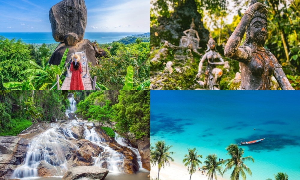 ภาพตัดปะ 4 ภาพที่แสดงหินทรงตัว รูปปั้นโบราณ น้ำตกในป่า และชายหาดเขตร้อนที่มีน้ำทะเลสีฟ้าใสและต้นปาล์ม เป็นแรงบันดาลใจที่สมบูรณ์แบบสำหรับการผจญภัยครั้งต่อไปของคุณที่เที่ยวเกาะสมุย.