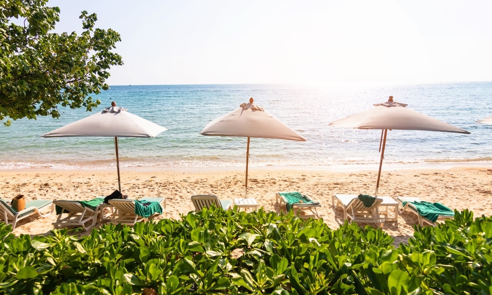 ฉากชายหาดที่มีแสงแดดสดใสพร้อมเก้าอี้นั่งเล่นและร่มที่หันหน้าไปทางทะเล ล้อมรอบด้วยพุ่มไม้สีเขียวในเบื้องหน้า เหมาะสำหรับผู้ที่กำลังมองหาที่เที่ยวเกาะเสม็ดและการพักผ่อน เที่ยวเกาะเสม็ด บนเกาะที่ผ่อนคลาย.