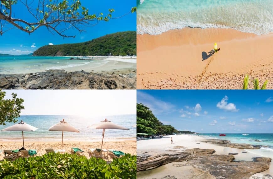 ภาพต่อกันของฉากชายหาดเขตร้อนทั้งสี่ที่มีน้ำทะเลสีฟ้าใส หาดทราย และโขดหินโผล่ใต้ท้องฟ้าที่สดใส รวบรวมความงามของเกาะเสม็ดได้อย่างสมบูรณ์แบบ.