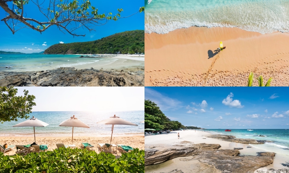 ภาพต่อกันของฉากชายหาดเขตร้อนทั้งสี่ที่มีน้ำทะเลสีฟ้าใส หาดทราย และโขดหินโผล่ใต้ท้องฟ้าที่สดใส รวบรวมความงามของเกาะเสม็ดได้อย่างสมบูรณ์แบบ.