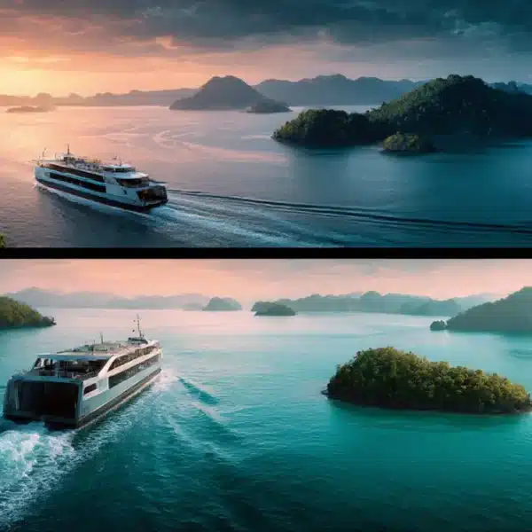เรือเฟอร์รี่โดยสารแล่นข้ามผืนน้ำสีฟ้าอันเงียบสงบ ผ่านเกาะเล็ก ๆ อันเขียวชอุ่มภายใต้ท้องฟ้าที่มีเมฆบางส่วนยามพระอาทิตย์ตกดิน ชวนให้นึกถึงส่องลุคสวยหรูของลิซ่า ท่ามกลางความงามของธรรมชาติอันเงียบสงบ.