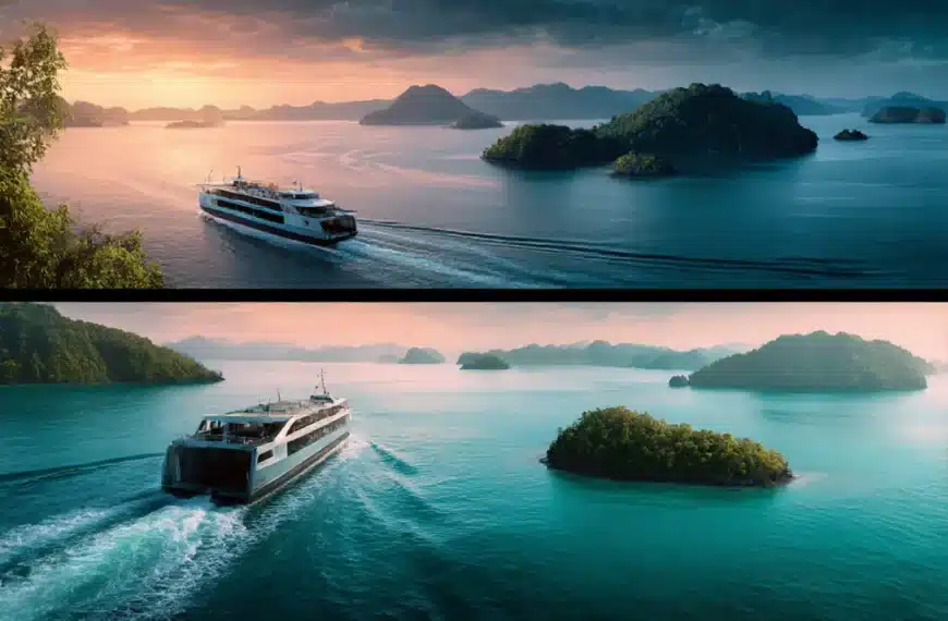 เรือเฟอร์รี่โดยสารแล่นข้ามผืนน้ำสีฟ้าอันเงียบสงบ ผ่านเกาะเล็ก ๆ อันเขียวชอุ่มภายใต้ท้องฟ้าที่มีเมฆบางส่วนยามพระอาทิตย์ตกดิน ชวนให้นึกถึงส่องลุคสวยหรูของลิซ่า ท่ามกลางความงามของธรรมชาติอันเงียบสงบ.