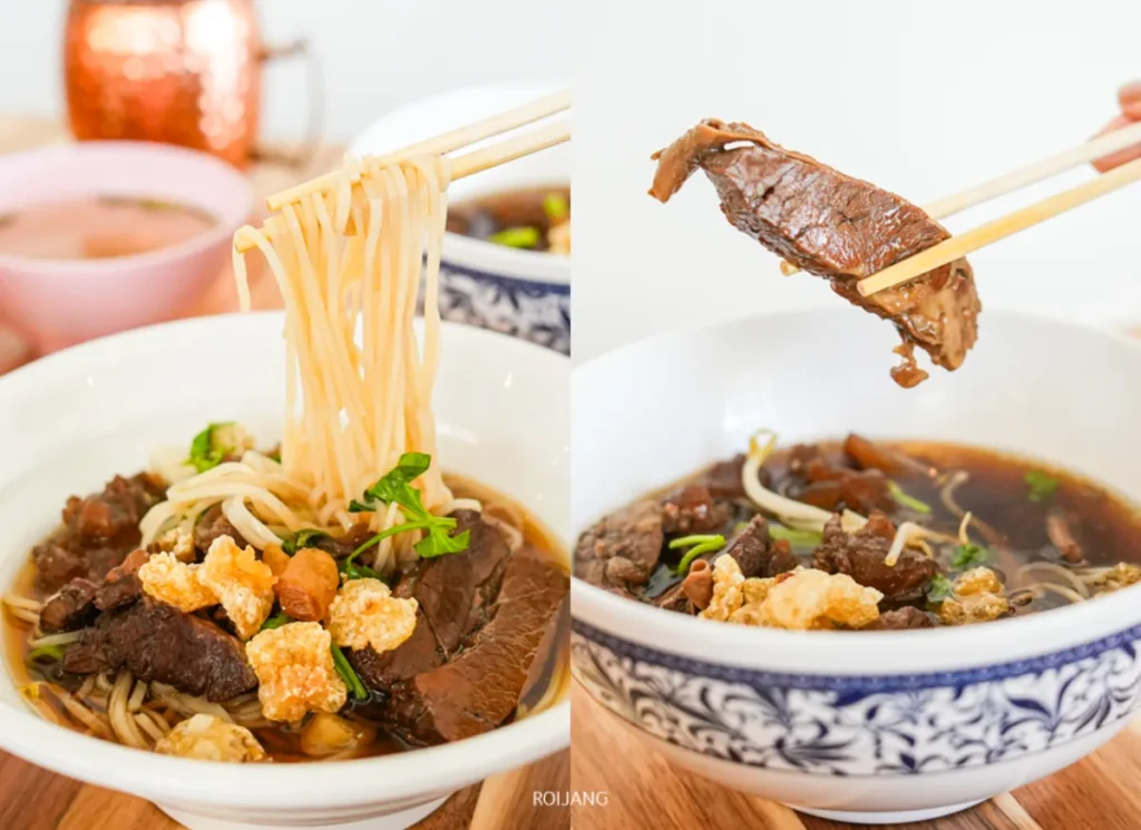 ภาพสองภาพของก๋วยเตี๋ยวเนื้อจาก ก๋งเส้นจันท์: ทางซ้าย, ตะเกียบยกเส้นจากชาม; ทางขวา, ตะเกียบถือเนื้อหนึ่งชิ้นเหนือซุป.