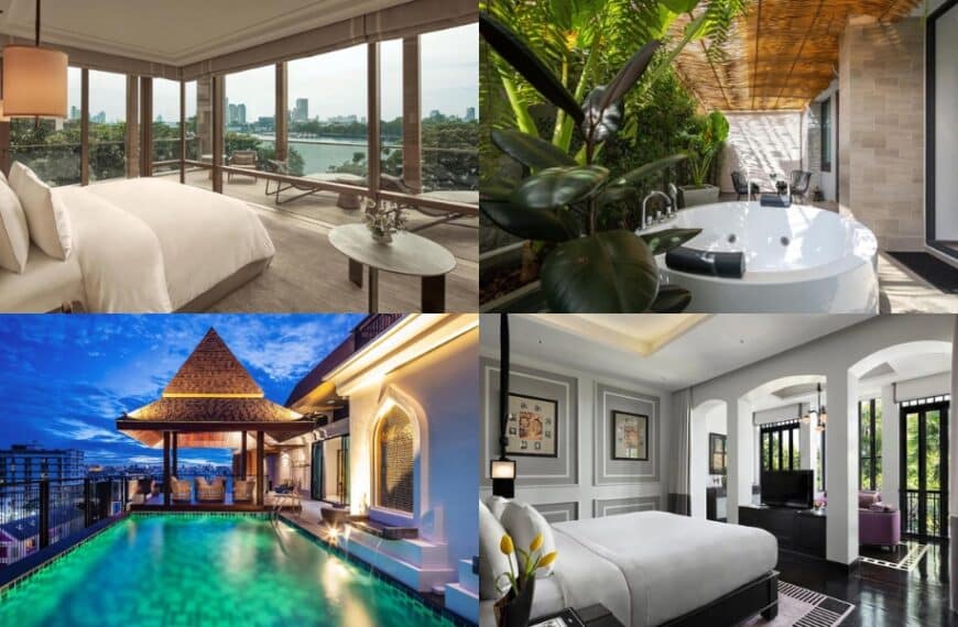 คอลเล็กชั่นห้องพักโรงแรมหรู 4 ห้องพร้อมสิ่งอำนวยความสะดวก อาทิ วิวเมืองและแม่น้ำ อ่างอาบน้ำกลางแจ้ง สระว่ายน้ำบนดาดฟ้า และการตกแต่งภายในที่ทันสมัยและหรูหรา.