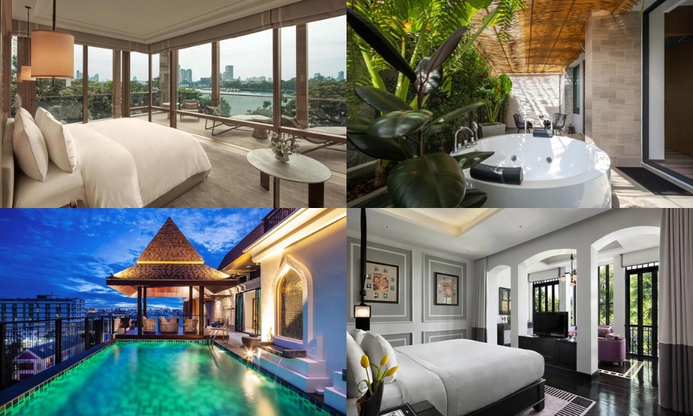 คอลเล็กชั่นห้องพักโรงแรมหรู 4 ห้องพร้อมสิ่งอำนวยความสะดวก อาทิ วิวเมืองและแม่น้ำ อ่างอาบน้ำกลางแจ้ง สระว่ายน้ำบนดาดฟ้า และการตกแต่งภายในที่ทันสมัยและหรูหรา.