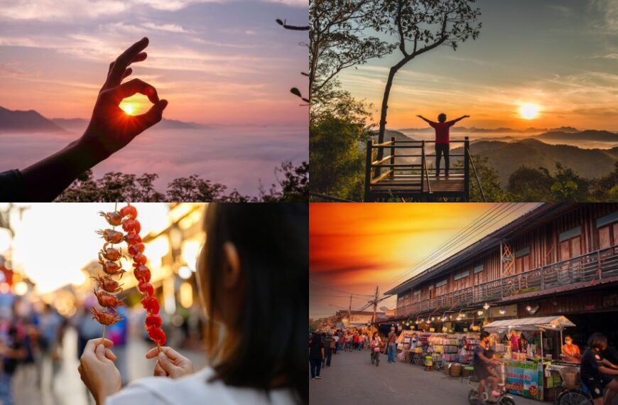 ภาพตัดต่อสี่ภาพแสดงสถานที่ท่องเที่ยวในเลย: พระอาทิตย์ขึ้นเหนือภูเขา, คนที่ยกแขนขึ้นบนดาดฟ้า, อาหารเสียบไม้ในมือ, และตลาดกลางแจ้งที่คึกคักในยามพระอาทิตย์ตก.