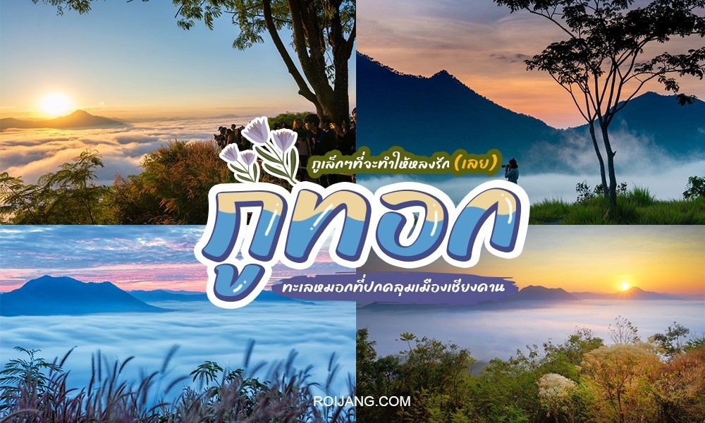 ภาพตัดปะของทิวทัศน์ภูเขาในยามพระอาทิตย์ขึ้นพร้อมเมฆและต้นไม้ โดยมีข้อความภาษาไทยเกี่ยวกับ ที่เที่ยวเลย อยู่ตรงกลางและดอกไม้เป็นองค์ประกอบตกแต่ง.