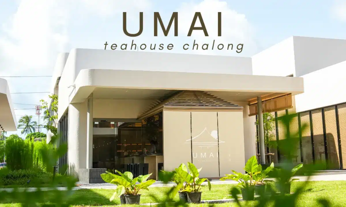 อาคารภายนอกสมัยใหม่พร้อมหน้าต่างกระจกบานใหญ่และป้ายที่เขียนว่า "UMAI Teahouse Chalong" ล้อมรอบด้วยพืชพรรณเขียวขจีภายใต้ท้องฟ้าแจ่มใส สัมผัสกับบรรยากาศที่เชิญชวนของ UMAI Teahouse ในสถานที่ที่เงียบสงบนี้.