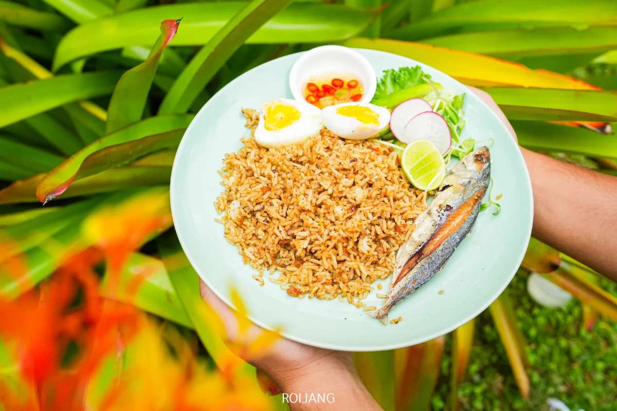 จานข้าวผัดกับปลาเผา ไข่ต้มครึ่งฟอง มะนาว หัวไชเท้าหั่นบาง ผักกาดหอม และชามเล็กซอสพริก ถูกวางไว้กลางแจ้งท่ามกลางใบไม้สีเขียว—อาหารที่น่าลิ้มลองจาก Ozone Cafe.