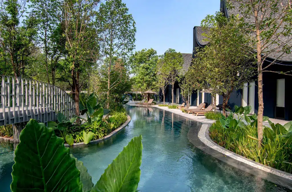 สระว่ายน้ำกลางแจ้งที่ตกแต่งด้วยภูมิทัศน์สวยงามคดเคี้ยวผ่านพืชพรรณเขียวชอุ่มและต้นไม้ใหญ่ พร้อมเก้าอี้อาบแดดบนลานระเบียงริมสระที่รับแสงแดด และอาคารสมัยใหม่ตั้งอยู่ใกล้เคียง มอบประสบการณ์ รีสอร์ทเขาใหญ่ ที่สมบูรณ์แบบสำหรับการพักผ่อนของคุณ.