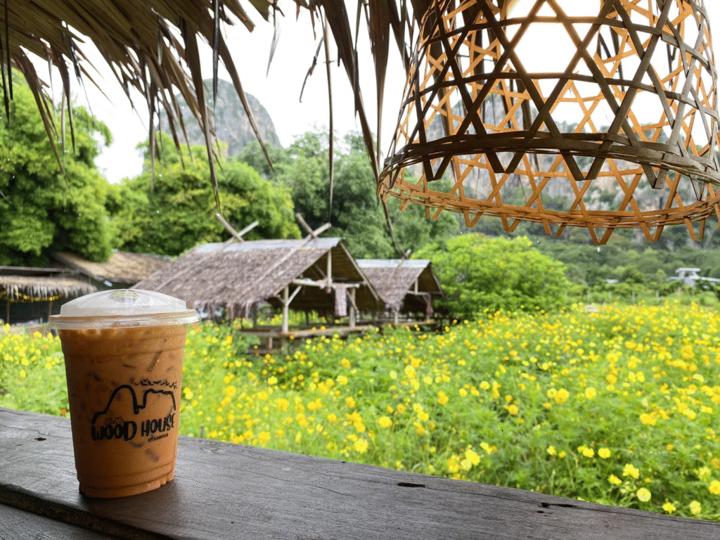 แก้วพลาสติกใส่น้ำแข็งกาแฟวางอยู่บนขอบไม้ที่มองเห็นทุ่งดอกไม้สี ที่เที่ยวสระแก้ว เหลือง กระท่อมไม้แบบเรียบง่าย และต้นไม้ในสระแก้วที่เที่ยว โดยมีโคมไฟสานแขวนอยู่ด้านบน.
