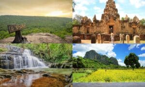 ภาพตัดปะที่นำเสนอ สระแก้วที่เที่ยว: จุดชมวิวในป่า, วัดหินโบราณ, น้ำตกในป่า, และทุ่งดอกไม้สีเหลืองที่ล้อมรอบด้วยหน้าผาหินปูน.