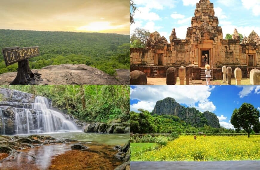 ภาพตัดปะที่นำเสนอ สระแก้วที่เที่ยว: จุดชมวิวในป่า, วัดหินโบราณ, น้ำตกในป่า, และทุ่งดอกไม้สีเหลืองที่ล้อมรอบด้วยหน้าผาหินปูน.