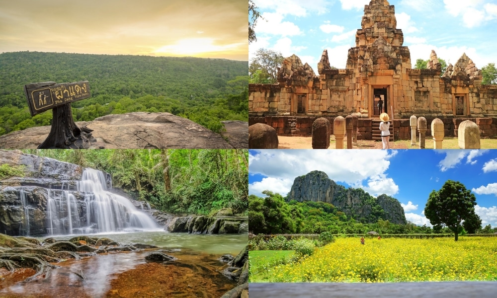 ภาพตัดปะที่นำเสนอ สระแก้วที่เที่ยว: จุดชมวิวในป่า, วัดหินโบราณ, น้ำตกในป่า, และทุ่งดอกไม้สีเหลืองที่ล้อมรอบด้วยหน้าผาหินปูน.