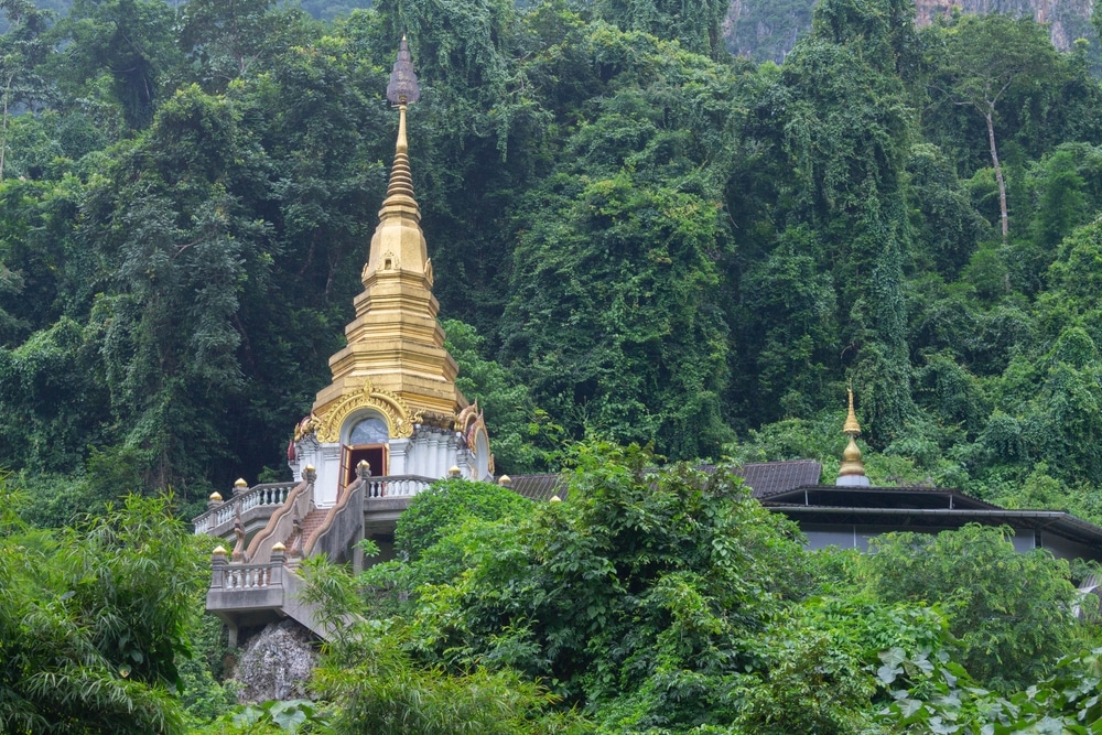 วัดเจดีย์ทองที่ล้อมรอบด้วยป่าทึบเขียวขจีและต้นไม้สูงใหญ่ เป็นสถานที่ที่ต้องไปเยือนสำหรับผู้ที่มองหา ที่เที่ยวเชียงดาว หรือวางแผนที่จะสำรวจความมหัศจรรย์ของ เที่ยวเชียงดาว.