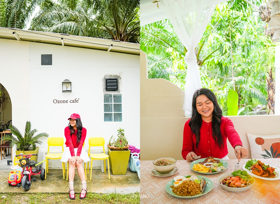 ผู้หญิงคนหนึ่งสวมเสื้อสีแดงนั่งอยู่ด้านนอกร้านโอโซนคาเฟ่บนเก้าอี้สีเหลือง จากนั้นเธอก็ย้ายเข้าไปข้างในไปยังโต๊ะที่เต็มไปด้วยจานอาหาร ยิ้มขณะที่เธอเอื้อมมือไปหยิบอาหาร—ถ่ายทอดเสน่ห์ของ ที่เที่ยวตะกั่วป่า ได้อย่างสมบูรณ์แบบ.