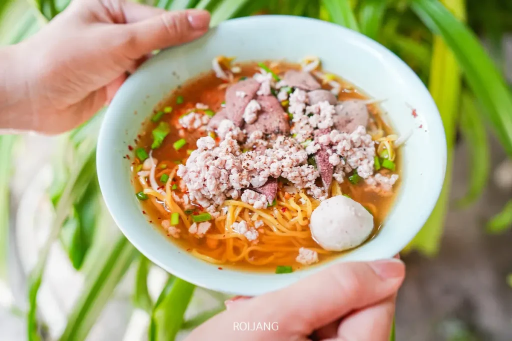 บุคคลหนึ่งถือชามก๋วยเตี๋ยวที่มีน้ำซุปพร้อมด้วยเนื้อบด สไลด์เนื้อ ลูกชิ้น และต้นหอมซอย โดยมีพืชสีเขียวเป็นฉากหลังที่งานวันและคืนของภูเก็ต.