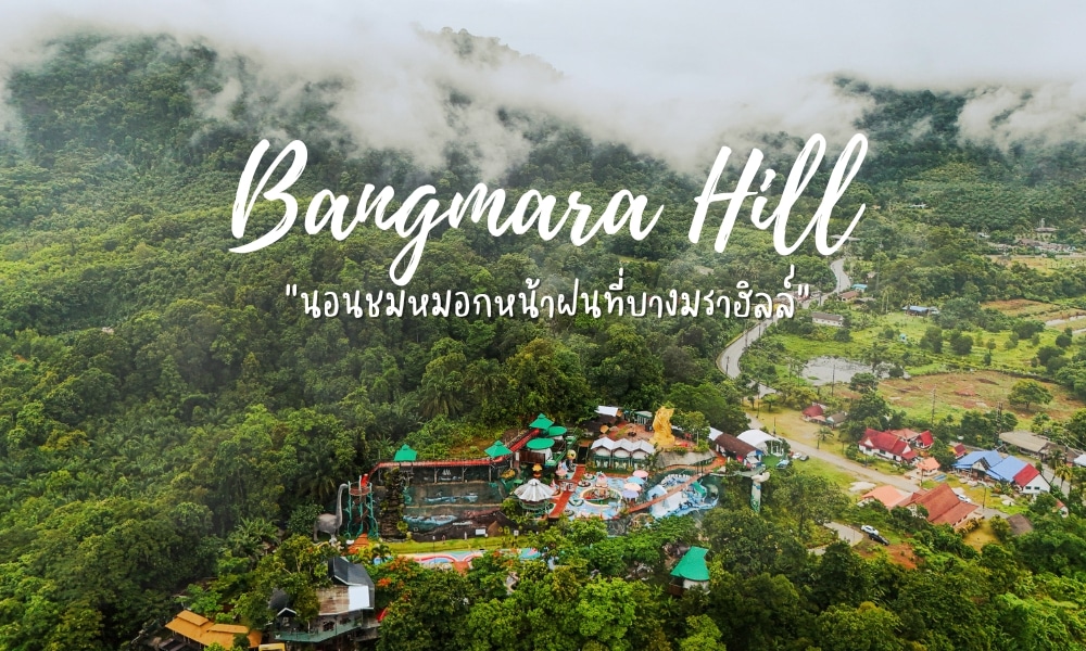 ภาพมุมสูงของรีสอร์ทบังมาราฮิลล์ สถานที่ท่องเที่ยวยอดนิยมในตะกั่วป่า โดดเด่นด้วยสระว่ายน้ำ หลังคาสีสันสดใส และป่าเขียวขจีล้อมรอบ พร้อมหมอกและเมฆปกคลุมอยู่เหนือศีรษะ.