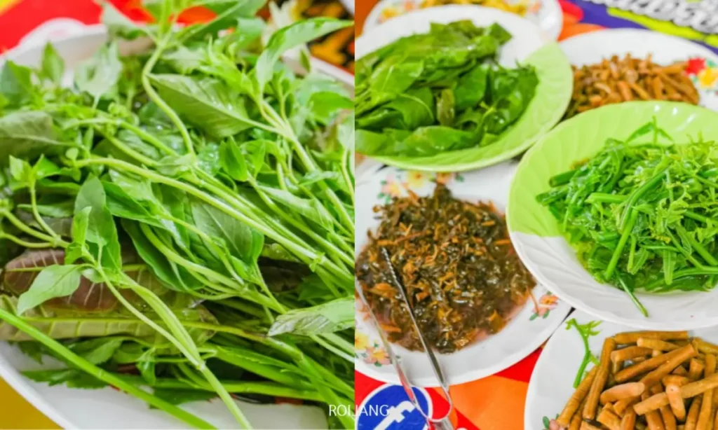 จานผักใบเขียวสดหลากหลายชนิดและเครื่องเคียงต่างๆ รวมถึงขนมจีนป้าม่อม จัดเรียงอยู่บนโต๊ะสีสันสดใส.