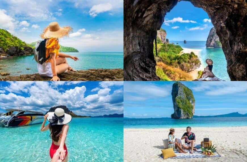 ภาพตัดต่อของสี่ฉากชายหาดเขตร้อนใน ที่เที่ยวกระบี่, ประกอบด้วยน้ำทะเลใสสีฟ้า, หน้าผาหิน, ผู้คนผ่อนคลาย, สำรวจ, และเพลิดเพลินกับการปิกนิกบนหาดทราย.
