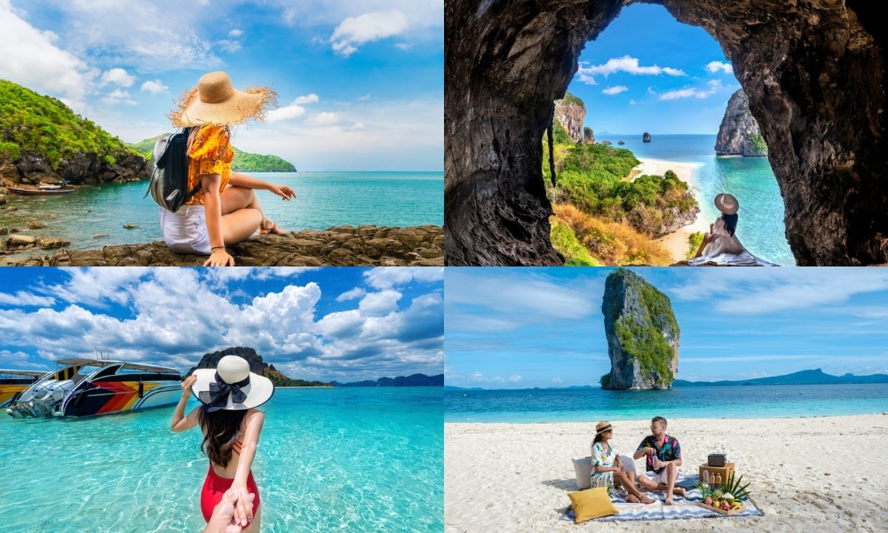 ภาพตัดต่อของสี่ฉากชายหาดเขตร้อนใน ที่เที่ยวกระบี่, ประกอบด้วยน้ำทะเลใสสีฟ้า, หน้าผาหิน, ผู้คนผ่อนคลาย, สำรวจ, และเพลิดเพลินกับการปิกนิกบนหาดทราย.