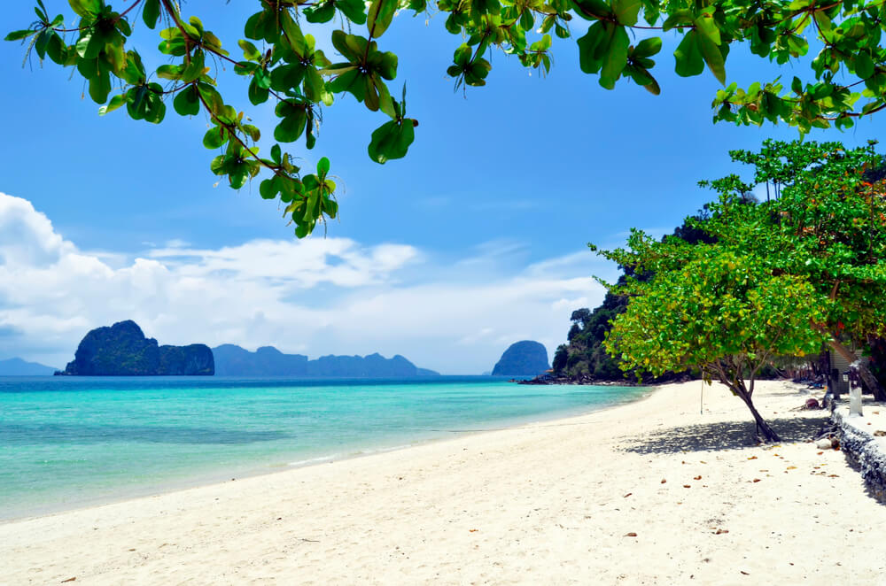 ชายหาดทรายขาวสะอาดพร้อมน้ำทะเลสีฟ้าใสราวคริสตัล ต้นไม้เขียวขจีอยู่เบื้องหน้า และเกาะหินปูนห่างไกลภายใต้ท้องฟ้าสีครามสดใส—เหมาะอย่างยิ่งสำหรับการท่องเที่ยวกระบี่และสำรวจสถานที่ท่องเที่ยวที่ดีที่สุดของกระบี่.