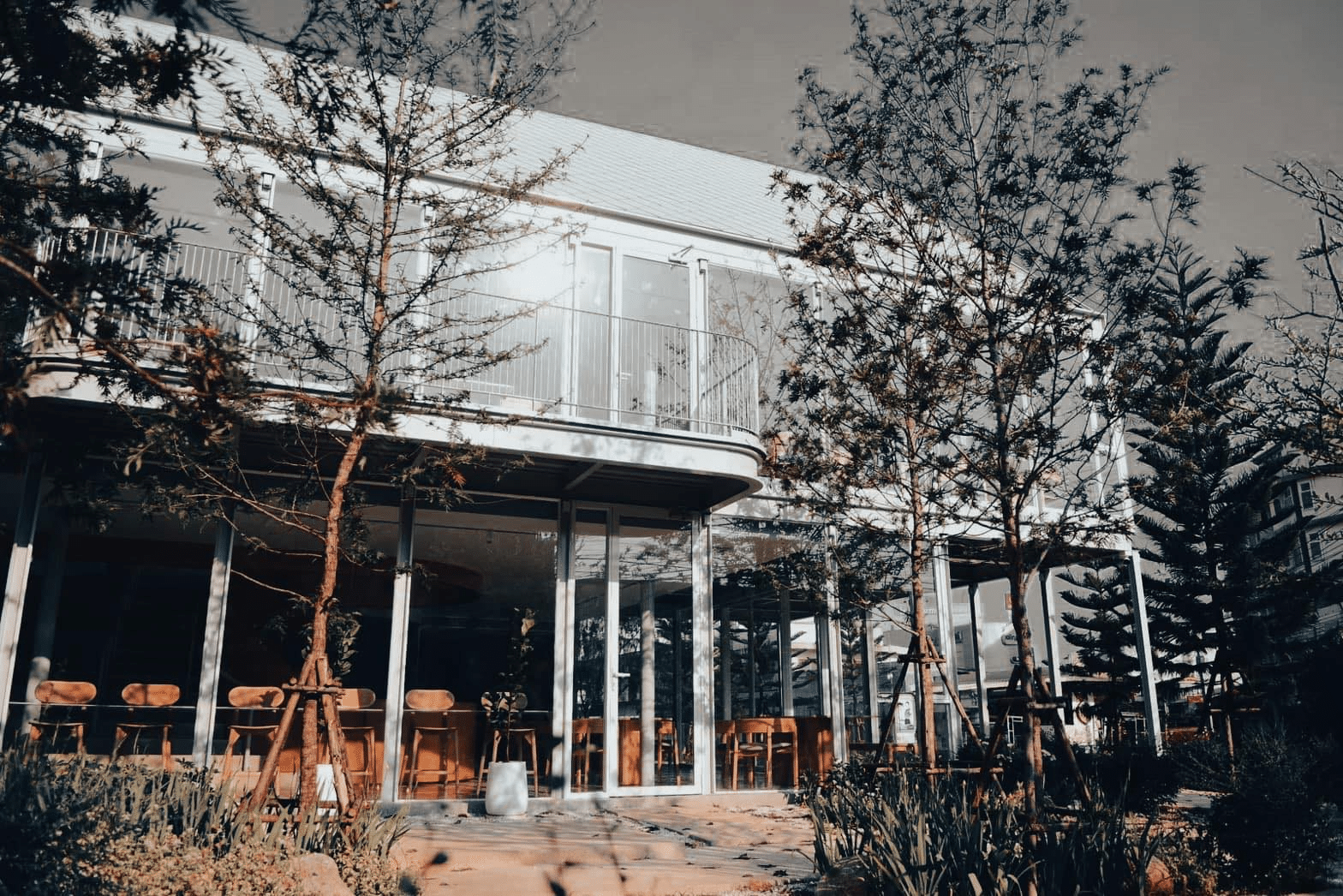 อาคารสองชั้นสมัยใหม่ที่มีด้านหน้าเป็นกระจก พร้อมที่นั่งกลางแจ้งและต้นไม้สูงด้านหน้า ถ่ายในช่วงเวลา ที่เที่ยวชุมพร กลางวัน—สถานที่ที่น่าดึงดูดสำหรับผู้ที่กำลังสำรวจสถานที่ท่องเที่ยวในชุมพรหรือกำลังมองหาที่เที่ยวในชุมพร.