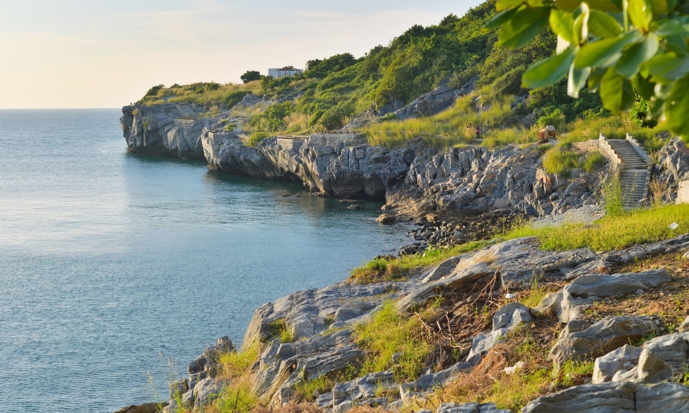 ชายฝั่งหินที่เต็มไปด้วยพืชสีเขียว บันไดหินที่นำไปสู่ผืนน้ำ และบ้านหลังหนึ่งบนหน้าผาที่มองเห็นทะเลรวม ที่เที่ยวเกาะสีชัง เกาะสวยๆ ในที่เที่ยวชลบุรี ไป เที่ยวเกาะสีชัง เดินทางง่ายๆ ใกล้กรุงเทพแบบไปเช้าเย็นกลับได้ หลีกหนีความวุ่นวาย พร้อมอวดสถานที่สโลว์ไลฟ์
สงบภายใต้แสงอาทิตย์อ่อนๆ—เหมาะอย่างยิ่งสำหรับการเที่ยวเกาะสีชังหรือค้นพบความงดงามอันเงียบสงบของเกาะสีชัง.