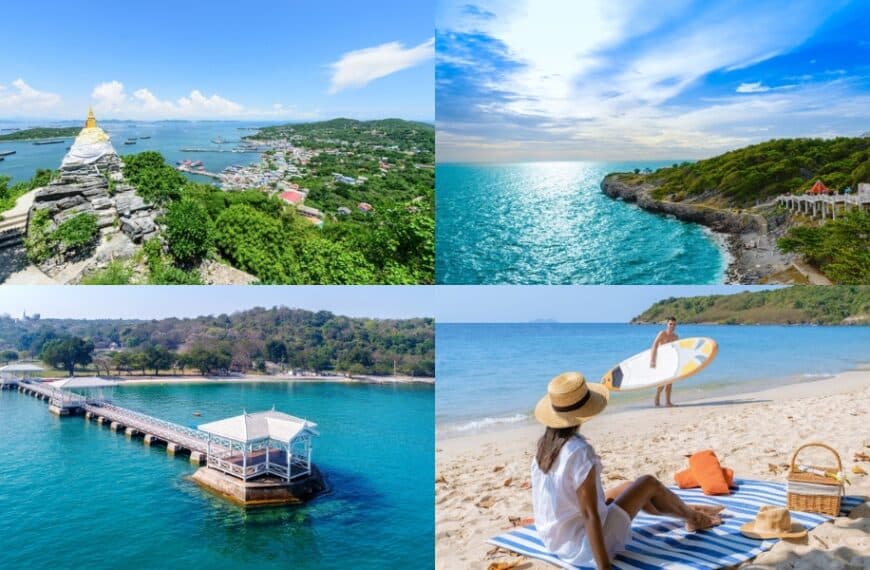ภาพตัดปะของสี่ฉากชายฝั่งบน เกาะสีชัง: เจดีย์บนยอดเขา, ชายฝั่งหิน, ท่าเรือริมทะเล, และผู้หญิงกับกระดานโต้คลื่นบนหาดทราย—ภาพที่สมบูรณ์แบบจากการผจญภัย เที่ยวเกาะสีชัง.